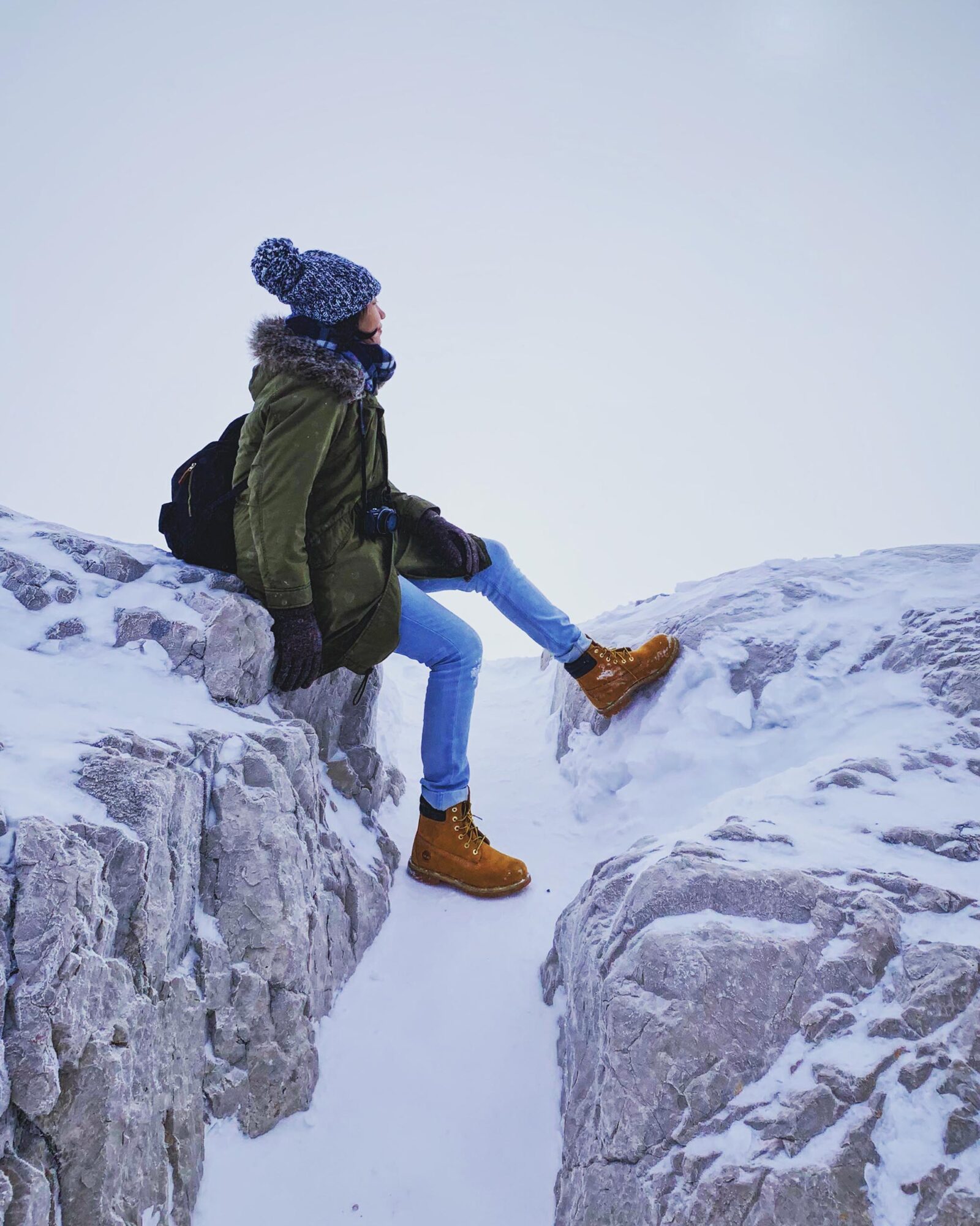 hiker in boots in the snow